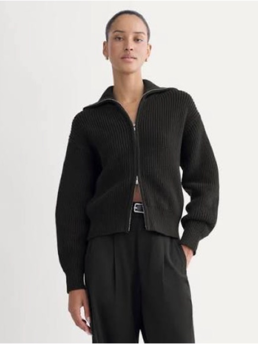 Everlane Black Ribbed Zip-Up Hooded Sweater